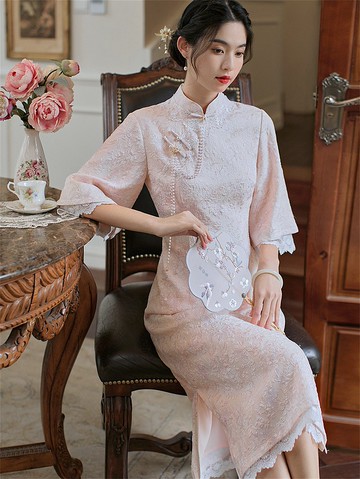 淡粉色 風信子 蕾絲花邊肌理改良旗袍 復古改良新中式國風洋裝裙