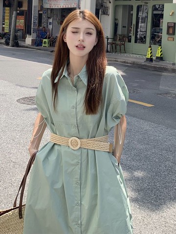 短袖連衣裙女氣質韓版寬松休閒顯瘦中長款設計感小眾襯衫裙子夏季新款【倪醬】