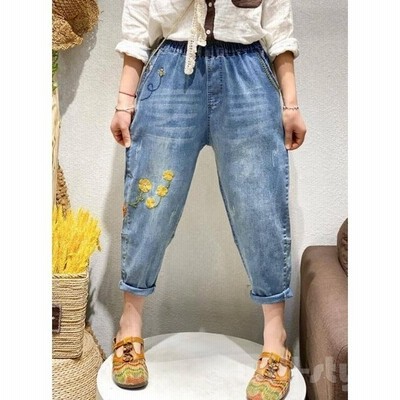 デニムパンツ レディース九分丈ジーパン 春9分丈ジーンズ 夏 ロールアップ花柄ボトムス 森ガール風 ズボン 刺繍パンツ ジーンズ 全店二点 通販 Lineポイント最大get Lineショッピング