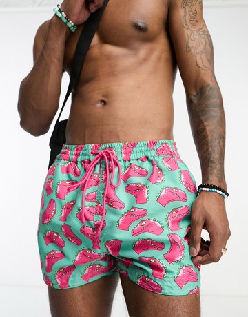 South Beach swim shorts in teal dinosaur print-Blue