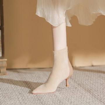 彈力襪靴尖頭短靴細跟高跟鞋女秋冬2025裸靴女春秋單靴瘦瘦靴絨面