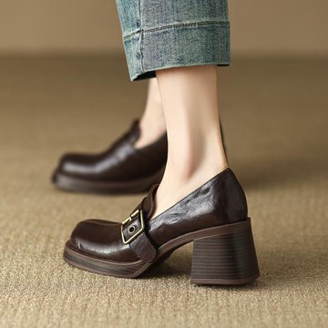 大頭皮鞋女春秋樂福鞋新款2025百搭圓頭深口真皮單鞋女粗跟高跟鞋