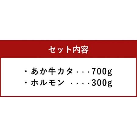 ふるさと納税 熊本県西原村産 あか牛 赤身 焼肉セット 合計1kg （カタ700g・ホルモン300g） 肉 お肉 牛肉 熊本県西原村