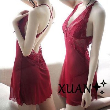 Xuan♥女生睡衣 夏季韓國爆款性感睡衣女式吊帶夏露背家居服深V背心夏季極度誘惑大碼蕾絲睡裙短袖睡衣