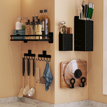 免打孔廚房置物架壁掛墻上黑色刀架鍋蓋架調料架碗碟架筷籠收納架