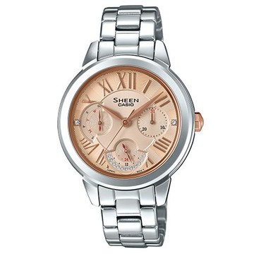 【CASIO 卡西歐】SHEEN 三眼女錶 不鏽鋼錶帶 玫瑰金 防水50米 施華洛世奇水鑽(SHE-3059D-9A)