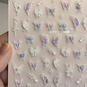 🎀台灣出貨🎀小紅書新款漸變暈染蝴蝶浮雕晶鑽貼立體小眾珍珠蝴蝶鏤空指甲貼