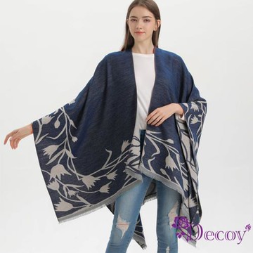【Decoy】高雅鬱金香＊雙色加大保暖斗篷式披肩/藍