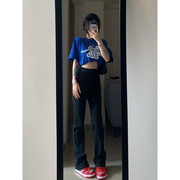 黑色牛仔褲女夏天薄款高腰顯瘦直筒高個子拖地褲子潮ins美式高街