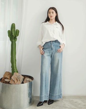 收小腹顯瘦車線刷色牛仔寬褲