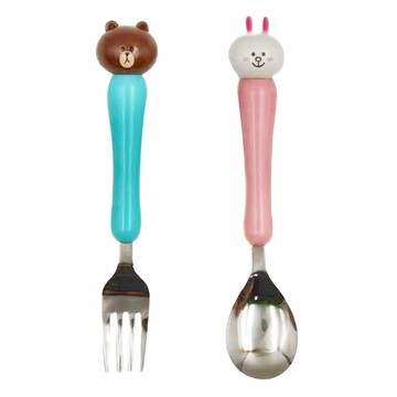 LINE FRIENDS 3D立體不鏽鋼2件組  幼兒湯匙 + 叉子  藍色 + 粉紅色  1組