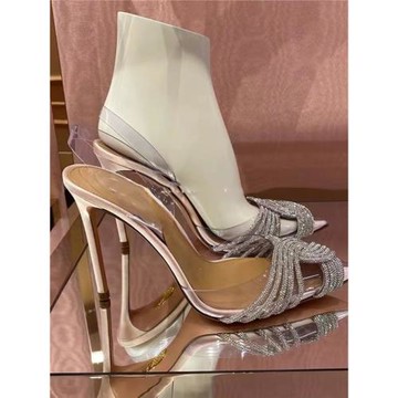 PVC透明涼鞋包頭交叉水鉆高跟鞋25春夏新款后空淺口甜美 宴會婚鞋