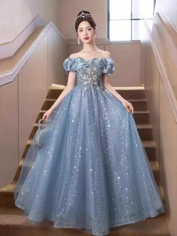 大尺碼晚禮服洋裝 一字肩藍色晚禮服裙2025新款高端絕美輕奢小眾主持人高級感成人禮