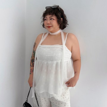 LULUS/PLUS/中大尺碼/甜美小花拼紗細肩上衣附脖帶２色【A01260233】260527