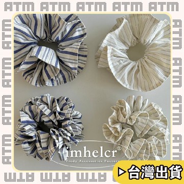 🔥臺灣出貨🔥可開發票✅輕飾時光清新條紋~進口面料日韓ins高級感純棉鹽系氣質馬尾頭花大腸髮圈女