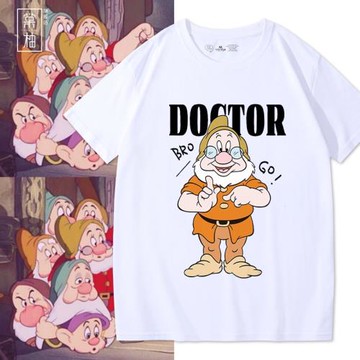 美式卡通短袖七個小矮人印花T恤男女ins夏季潮流圓領純棉情侶半袖