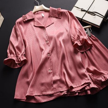 真絲睡衣女甜美純色荷葉邊短袖短褲薄款翻領桑蠶絲綢休閑家居服