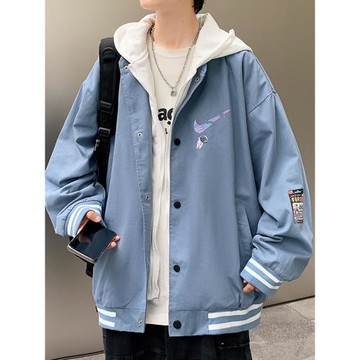 外套男士春秋季夾克棒球服連帽假兩件法式工裝男款寬松飛行員春裝