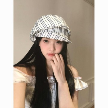 免運🌞復古日系不規則條紋春夏季報童顯臉大頭貝雷帽小衆褶皺畫家帽子漁夫帽 素面遮陽帽 防曬帽 抗uv 穿搭必備 學生帽