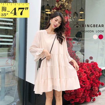 連身裙--甜美方型領喇叭袖蛋糕裙襬露背綁帶兩件式長版上衣(紅.杏L-3L)-U557眼圈熊中大尺碼◎