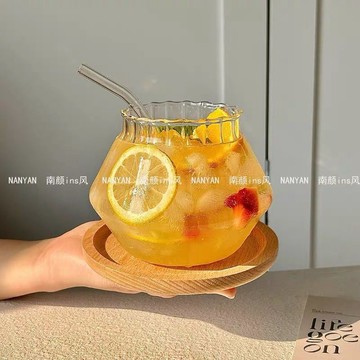 【台灣出貨】ins風胖鼓鼓豎紋玻璃杯小衆高顏值大容量水果茶杯冷飲氣泡水杯大水壺  大肚杯 胖胖水壺