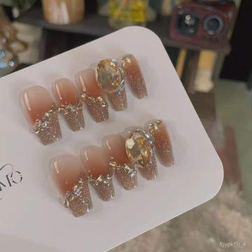 🎀純手工穿戴甲🎀巴黎往事純手工穿戴甲片高級感粉色腮紅甲中梯美甲香檳閃鑽甲指甲新年美甲貼片ML 顯白美甲片高級感穿戴甲 T