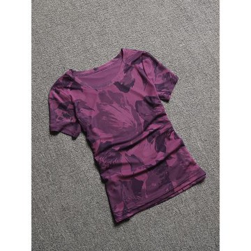 短袖t恤女洋氣高端別致小衫修身體恤時尚網紗印花半袖紫色上衣