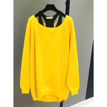 2025春秋季新款韓版寬松黃色毛衣女裝中長款長袖一字領純色針織衫