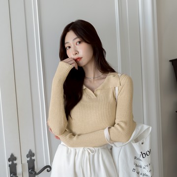 翻領坑紋合身長袖針織上衣 NN73531【現貨】