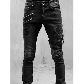 Men's Tie-Up Zip-Up Biker Jeans男士 朋克拉鏈裝飾機車牛仔長褲