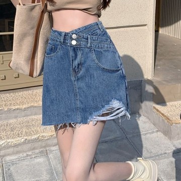M-5XL 大尺碼短裙 牛仔短裙女 不規則破洞牛仔半身裙女新款夏季韓版胖mma字短裙褲