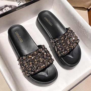 拖鞋女夏外穿時尚水鉆厚底松糕底沙灘鞋海邊女士涼拖大碼41一43