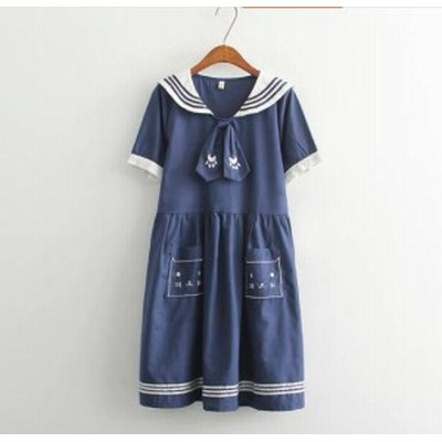 特価 新作 半袖 ワンピース マリン風 セーラー風ワンピース セーラー ワンピース セーラー服 ワンピ セーラーカラー 学院風 猫刺繍 通販 Lineポイント最大get Lineショッピング