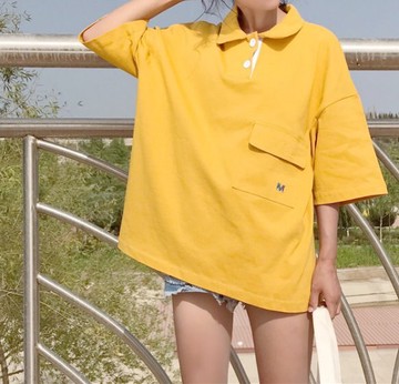 FINDSENSE H1 2018 夏季 Polo衫 T恤 女原宿 學院風 寬松 純色 翻領 中袖 上衣 潮