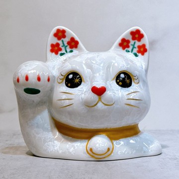【白晶福貓】日本清水燒招財貓 | 貓半身 花結晶 白