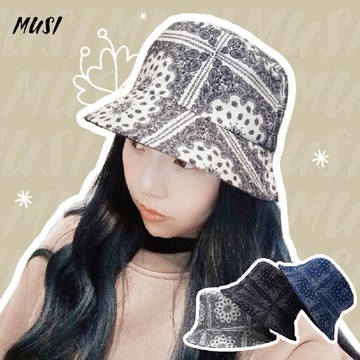 [MUSI創意玩星球] 台灣快發 復古圖案漁夫帽女夏日系潮牌韓版水桶帽雙面盆帽男民族風帽子變形蟲花紋遮陽防曬帽