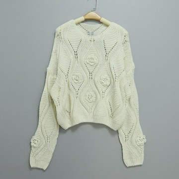 小香風早秋新款圓領寬松毛衣女短款套頭鏤空手工鉤花外穿針織上衣 鑫弘-素時衣櫥