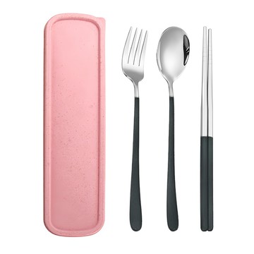 葉子小舖 環保便攜不鏽鋼餐具三件組 黑色 外食族必備  叉子 + 湯匙 + 筷子  1個