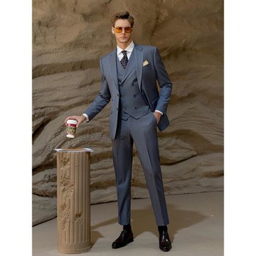 超好看莫蘭迪灰藍色西裝套裝男新郎結婚修身高級感商務通勤正裝