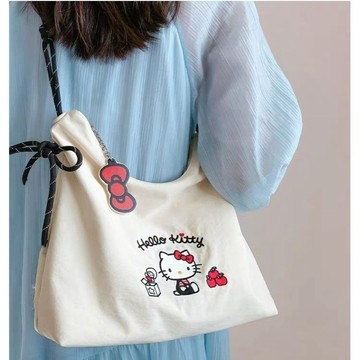 ✨臺灣出貨✨爆款HelloKitty可愛刺繡帆布斜挎包大容量便攜式外出托特包