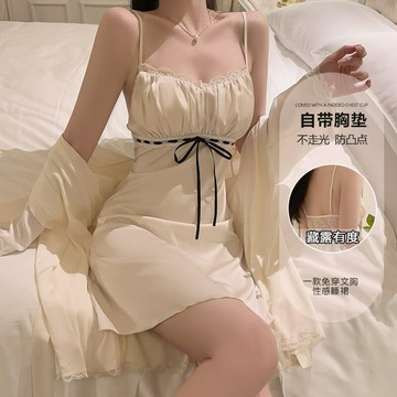 精選品牌輕奢加胸墊內衣甜美蕾絲性感褶皺睡裙外袍家居套裝W4840