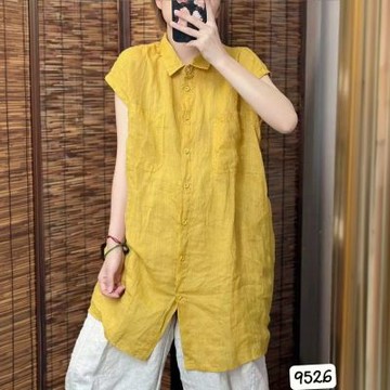 AKARA 田野村風涼感散熱棉麻加長版短袖上衣 5色 中大尺碼 L-2XL
