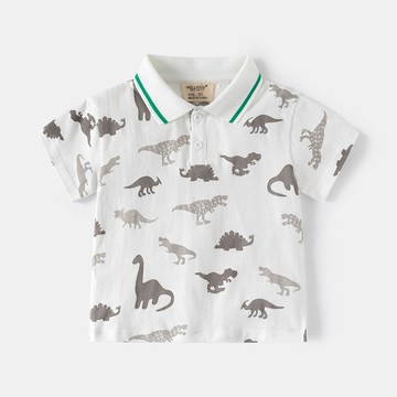 WELLKIDS - 純棉休閒翻領短袖上衣-滿印恐龍-米白