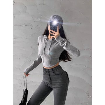 YoungGirlDay純欲辣妹修身顯瘦抽繩連帽衛衣短款露臍針織長袖上衣