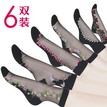 襪子女秋季薄款蕾絲襪中筒透明耐磨媽媽防勾絲純棉底冰絲水晶玻璃
