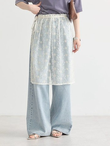 花朵刺繡細閃透膚及膝綁帶片裙(01000716600) - earth music&ecology