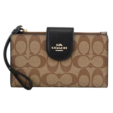COACH C2874 馬車LOGO花紋手提扣式對開長夾.駝/黑邊
