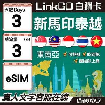 LINKGO白鑽卡 新馬印泰越 eSIM卡 3天上網 總流量3GB 高速流量(東南亞網卡 新加坡 馬來西亞 泰國 印尼 越南)