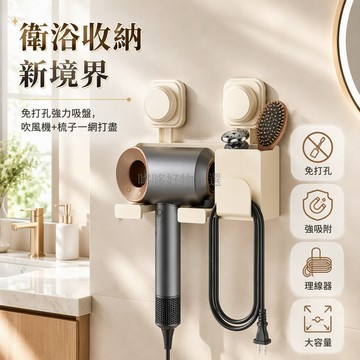 台灣出貨✨ 吸盤吹風機掛架 免打孔衛生間收納架 繞線電吹風支架 吹風筒置物架 強力吸盤固定 奶白色槍灰色可選