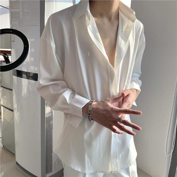 禁欲系冰絲INS氣質休閑垂感免燙白色黑襯衫男士襯衣痞帥韓版寬松